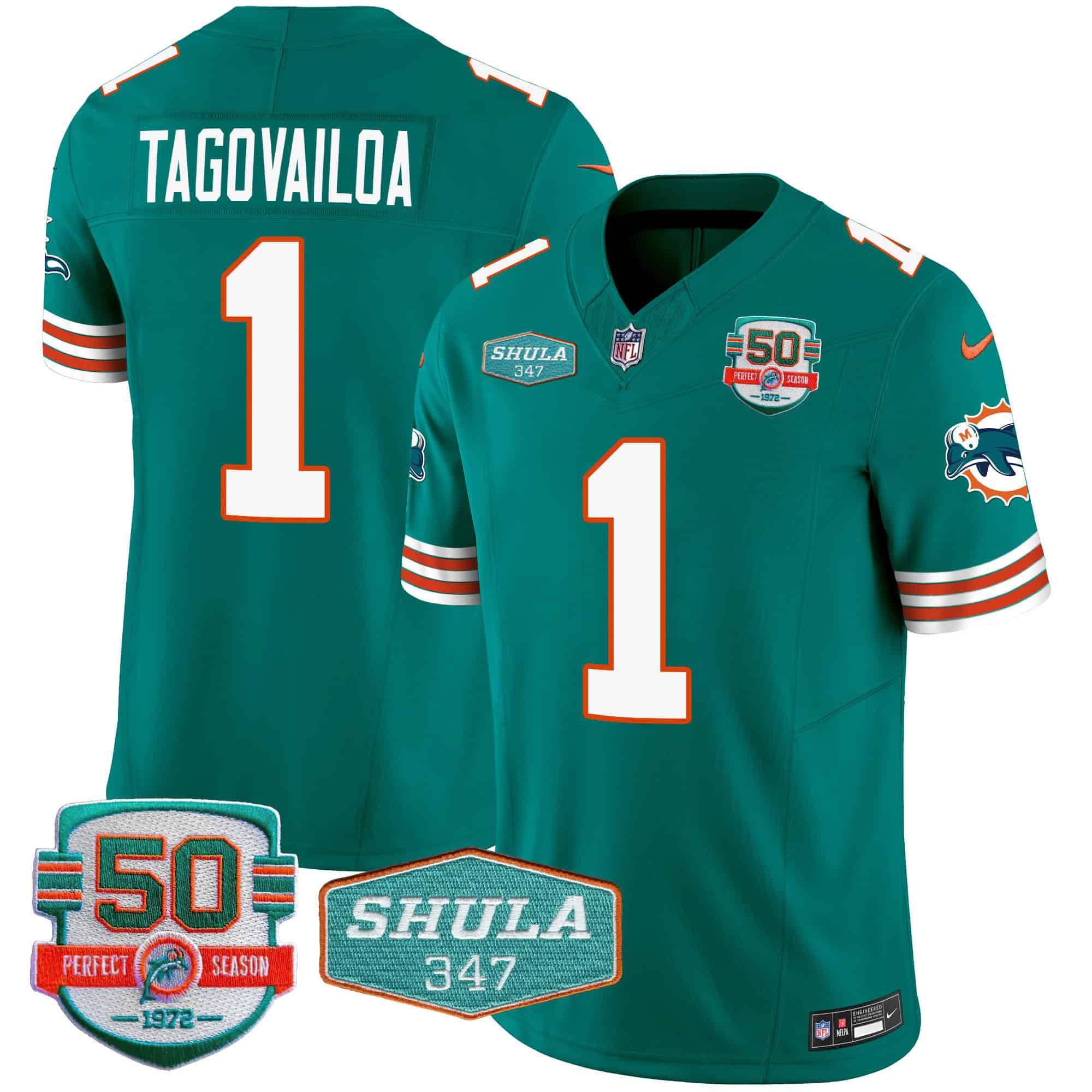 Men Miami Dolphins #1 Tagovailoa Green 2024 Nike Throwback Shula 347 Patch Vapor NFL Jersey style 1